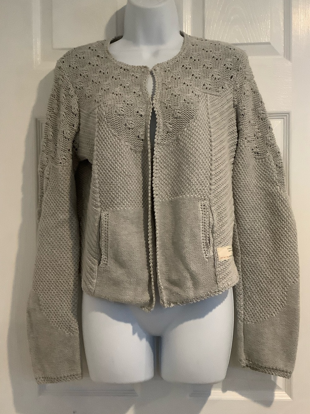 ODD MOLLY 100% Cotton Gray Open Knit Boho Half Open Fall Cardigan Sweater 3/L